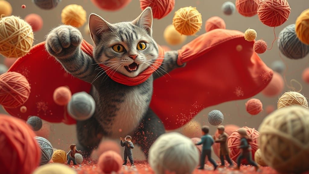 Giant Superhero Cat Mischief in 3D Mixed Media