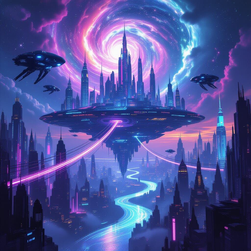 Colossal Floating City Orbits Neon Planet