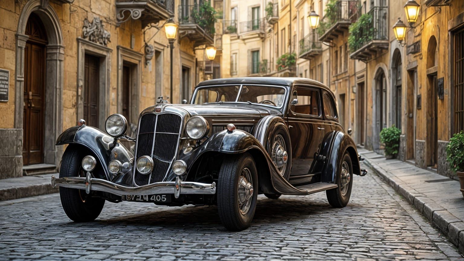 Vintage Hispano-Suiza Automobile on Cobblestone Street