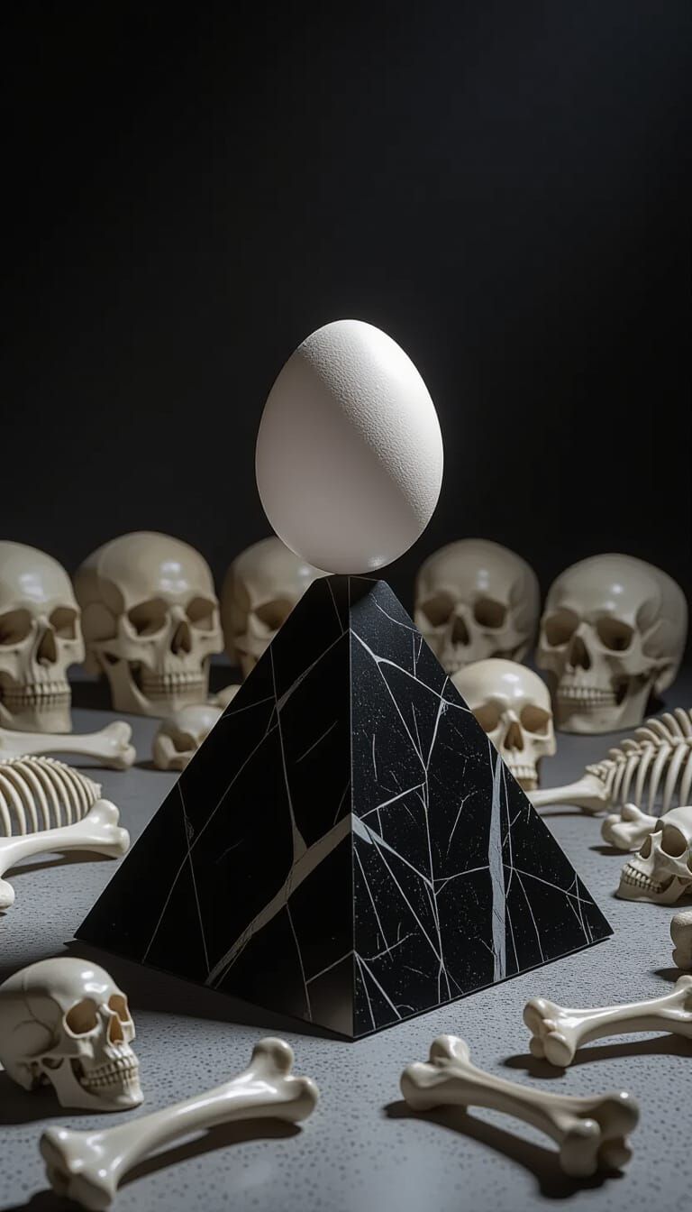 Pristine Egg on Obsidian Triangle with Macabre Bones