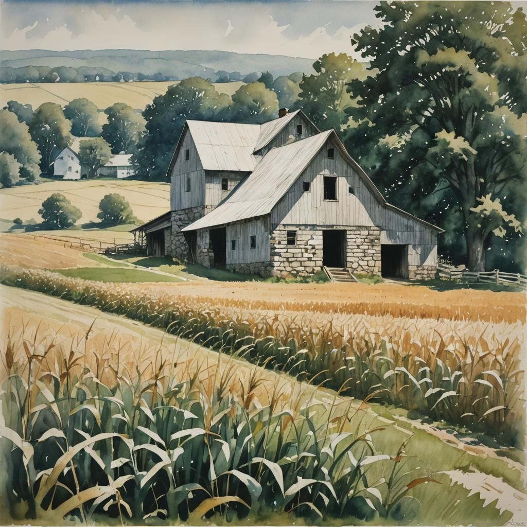 Pennsylvania Barn in Watercolor Style