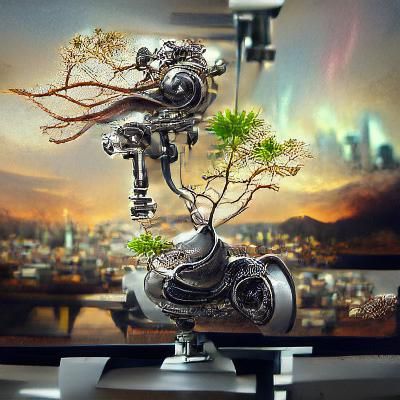 Steampunk Clockwork Bonsai: Digital Painting of a Robot Tree