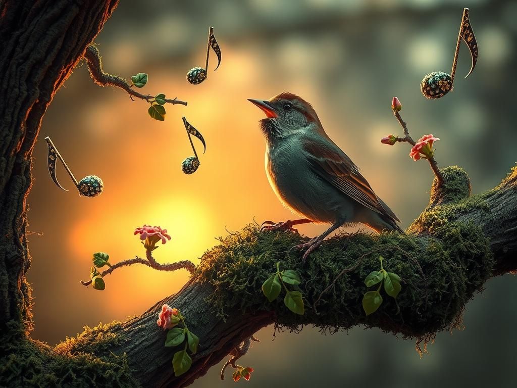 Sparrow's Song with Moss Music Notes at Sunrise