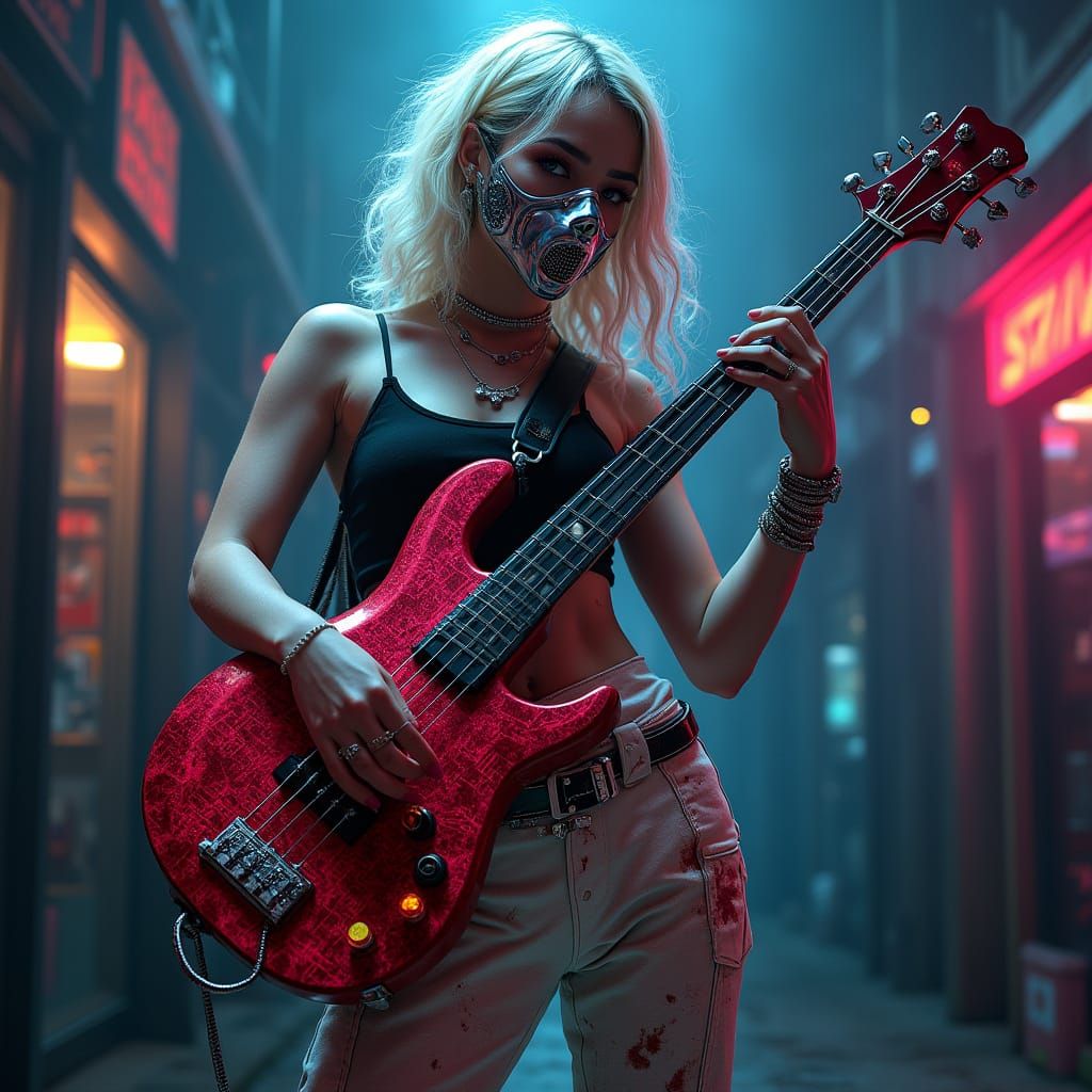 Glam Rock Goddess in Neon Cityscape