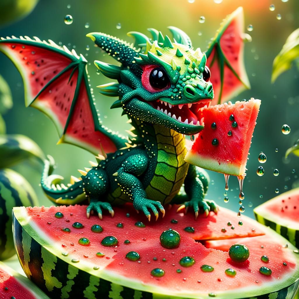 Tiny Dragon and Watermelon Slice, Whimsical Concept Art