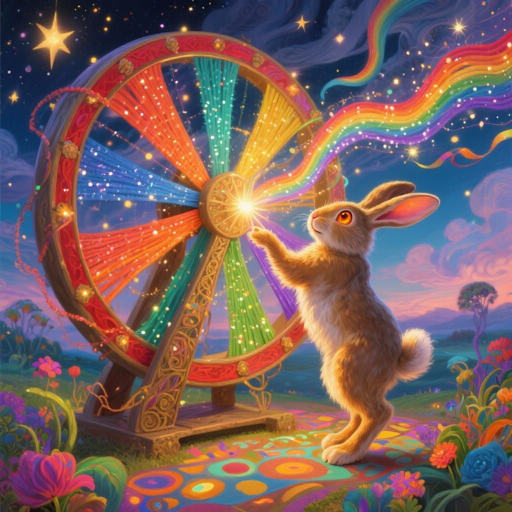 Rabbit Touches Magical Spinning Wheel in Dreamlike Landscape