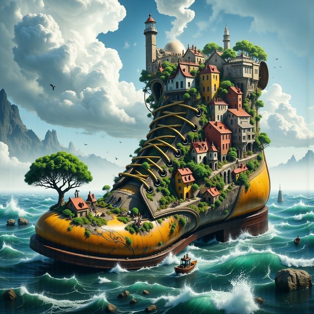 Surreal Boot Village Floating in Ocean, Dark Oil Painting