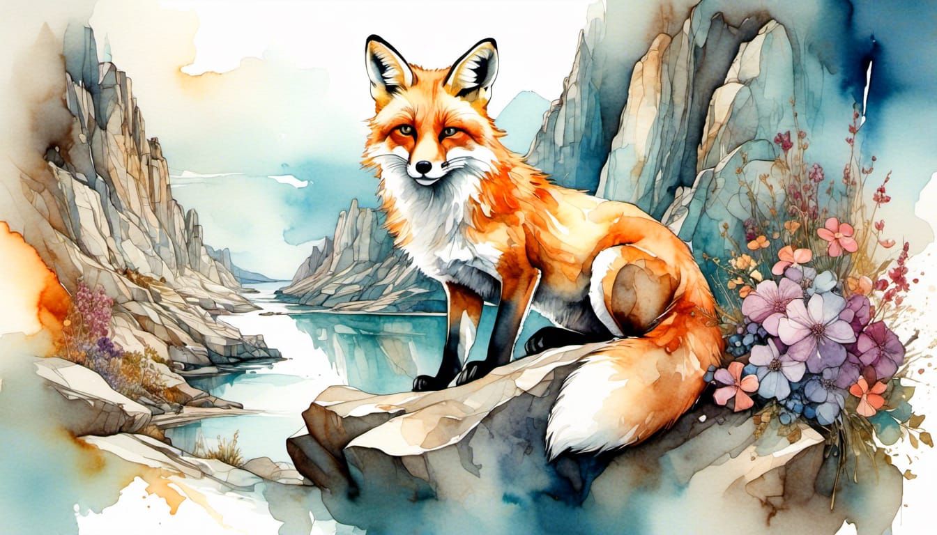 Fox on Rocks in Art Nouveau Style