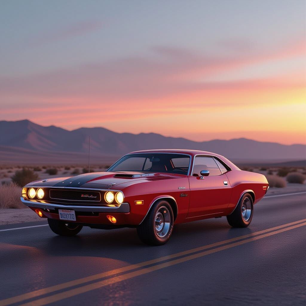 1970s Dodge Challenger on Deserted Highway at Sunset