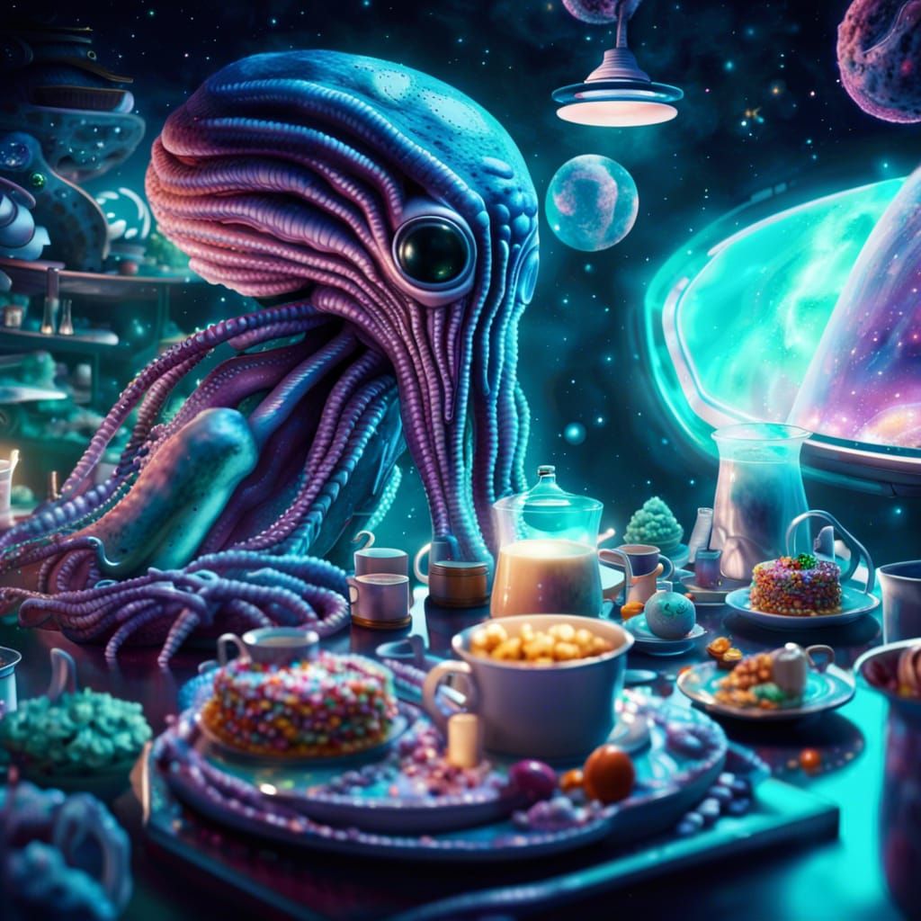 Tentacled Alien Diner on Asteroid, Astral Illustration