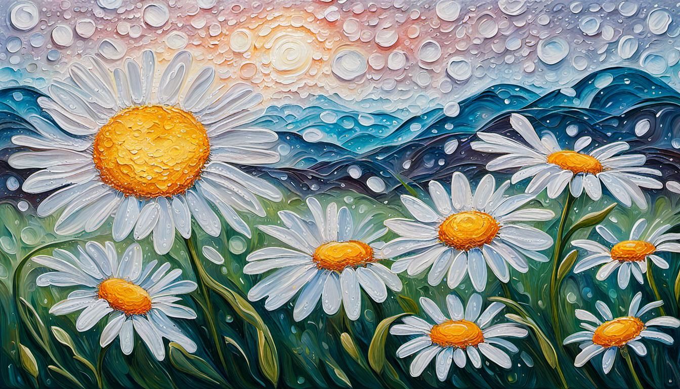 Daisies at Sunrise: Impasto Painting in Abstract Style
