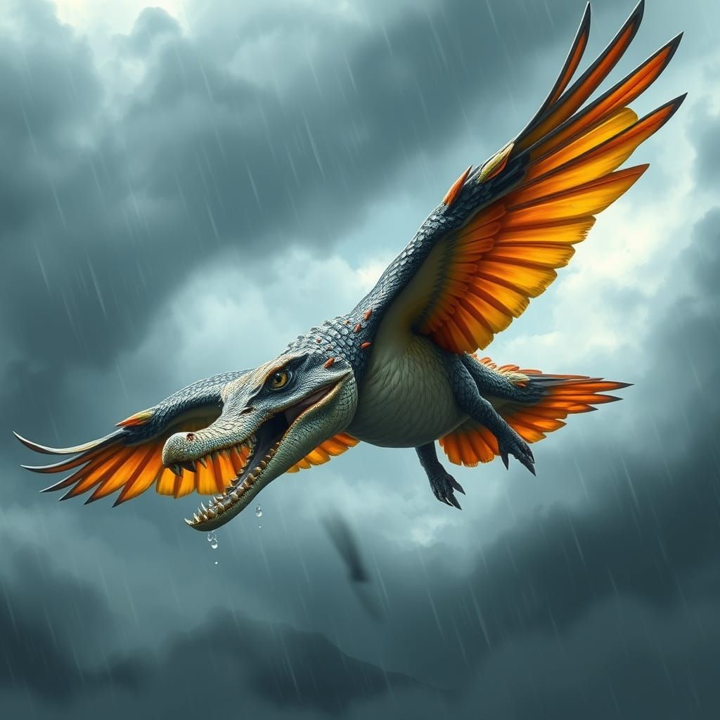 Surreal Bird-Reptile Hybrid Soars Through Turbulent Skies
