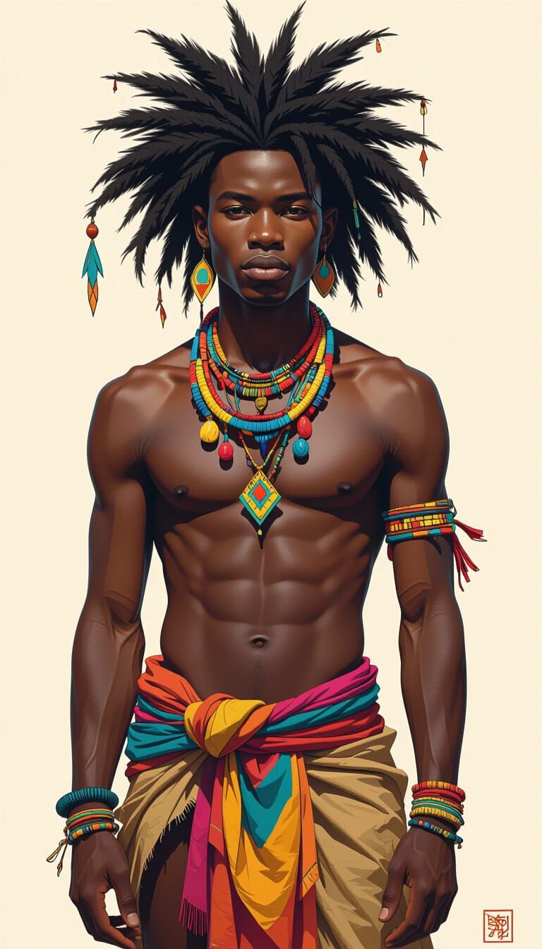 Wise Young African Man in Symbolic Art Style