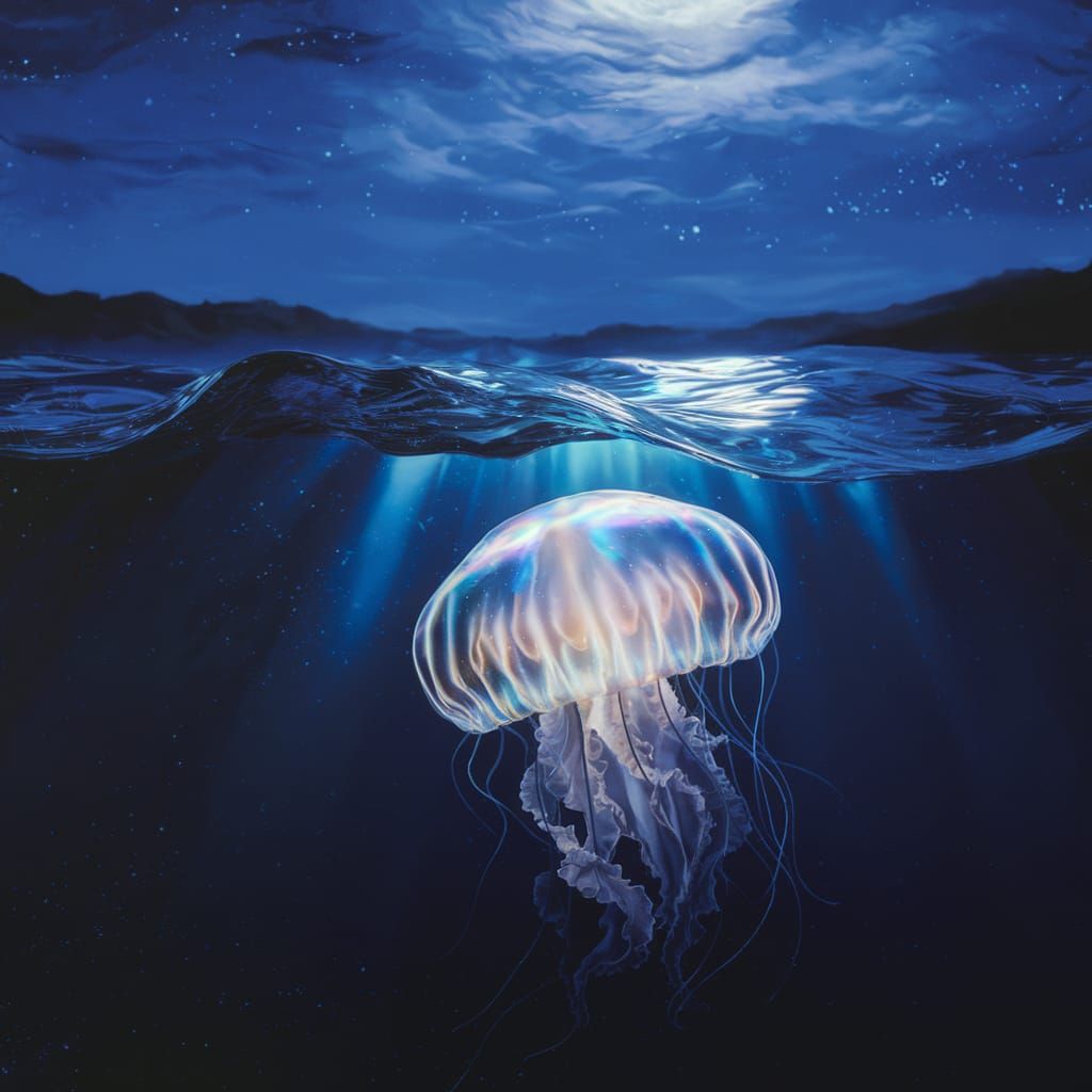 Iridescent Jellyfish in Moonlit Ocean, 8K