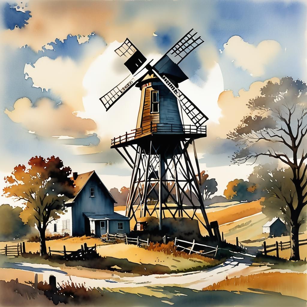 Nebraska Windmill in Watercolor Painting Style
