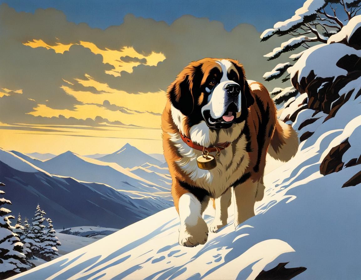 Saint Bernard in Snowy Mountainscape: Shin-hanga Style