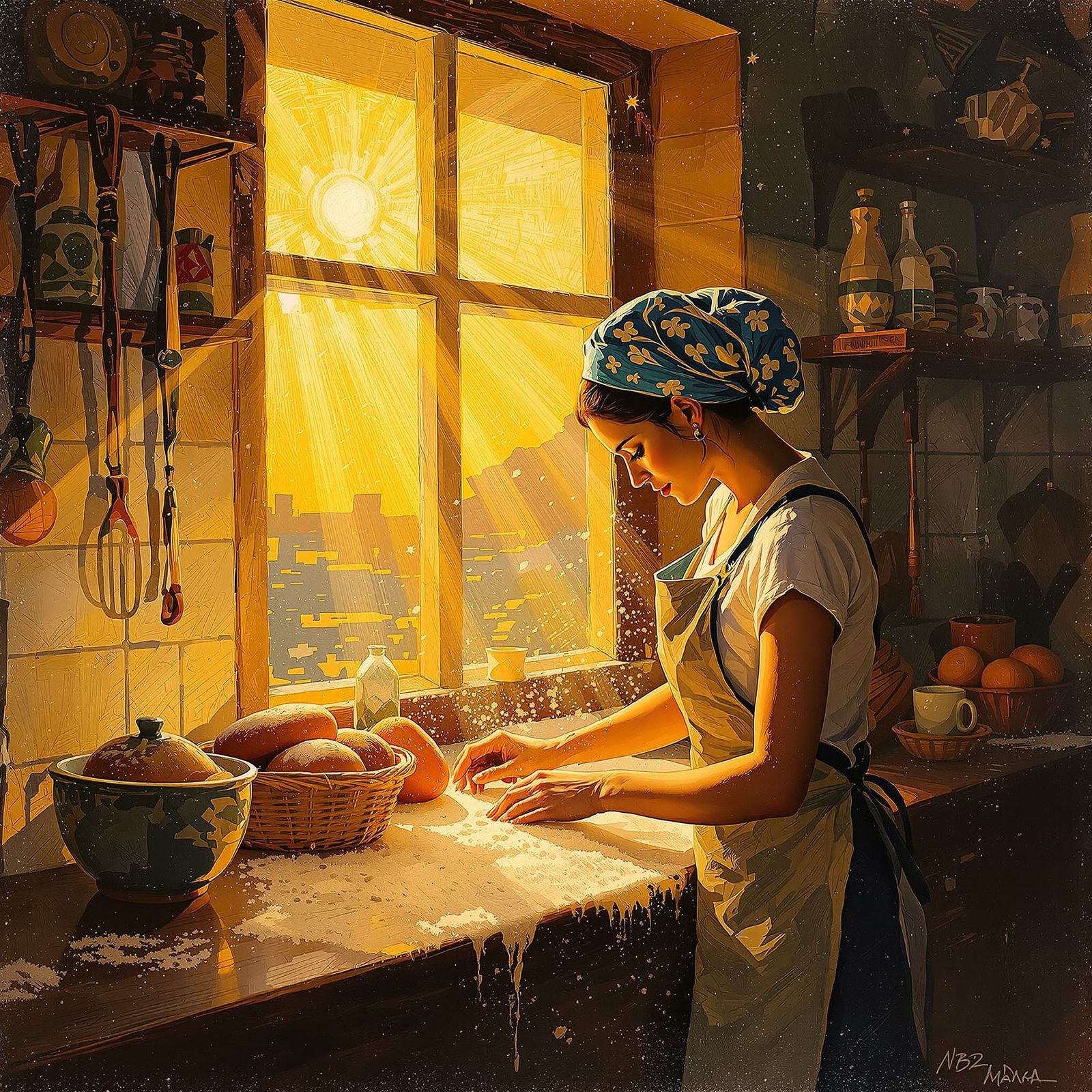 Baker at Dawn in Van Gogh and Manara Styles