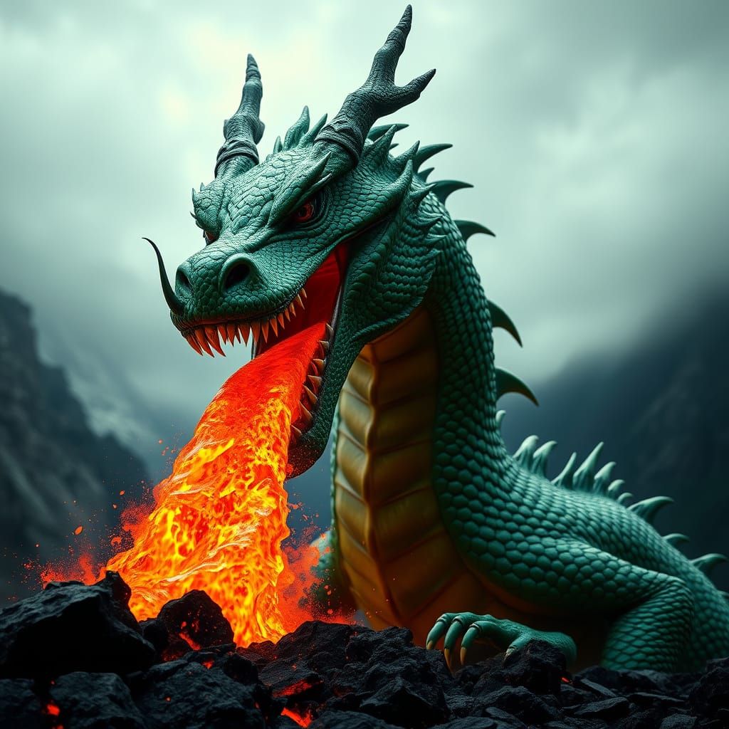 Majestic Green Dragon Unleashes Fiery Fury in Dramatic Lands...