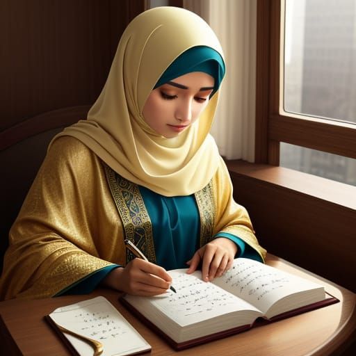 Young Muslim Woman Writing in Journal: Concept Art