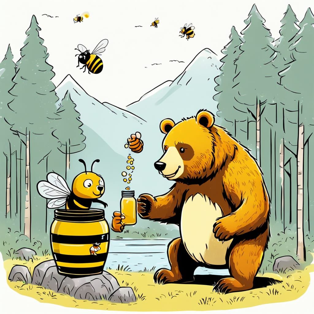 Friendly Bear and Bee Share Honey Pot in Comic Style