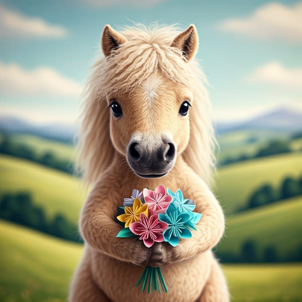Whimsical Wool Pony Holds Delicate Origami Flowers