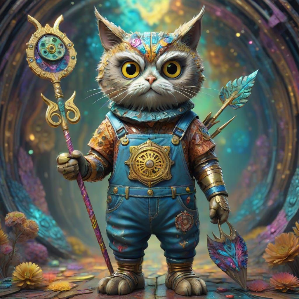 Whimsical Feline Owl Hybrid in Fractal Landscape