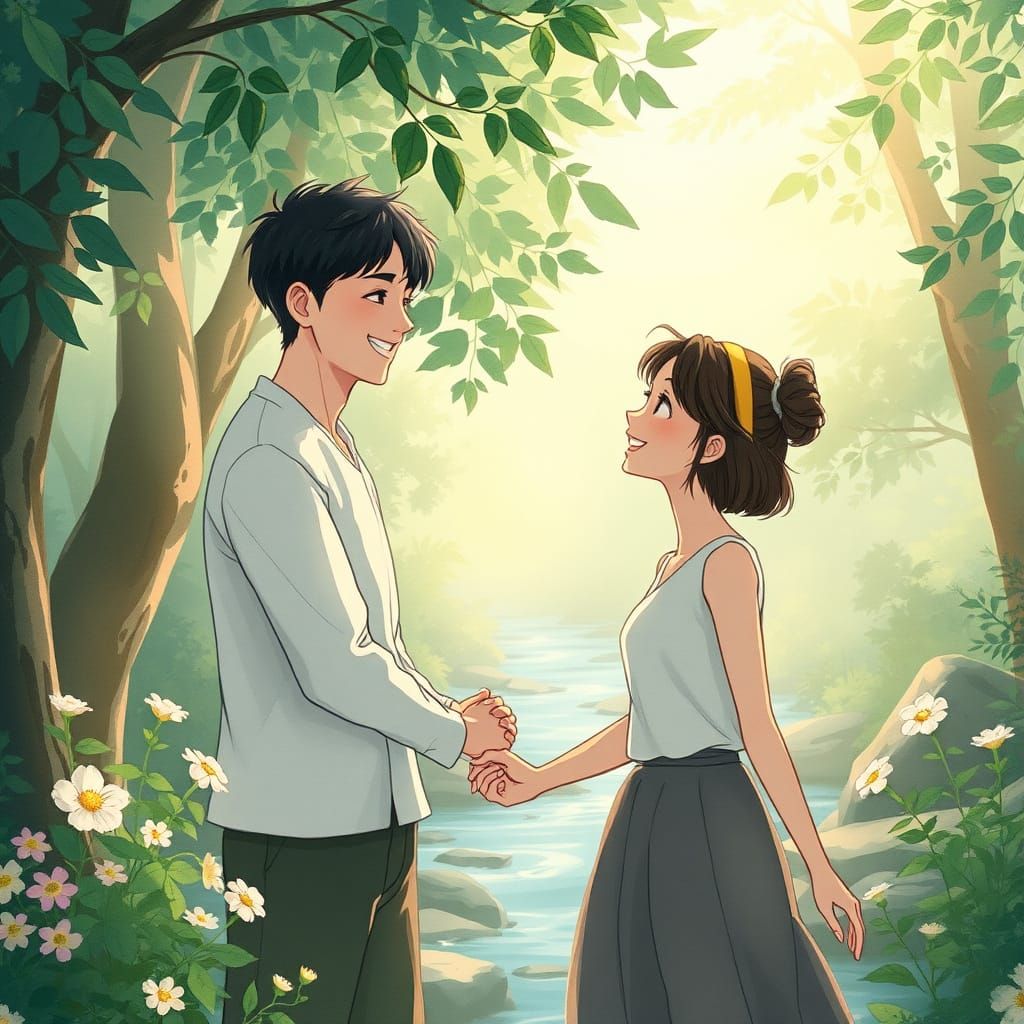 Ghibli-Style Couple's Whimsical Forest Encounter