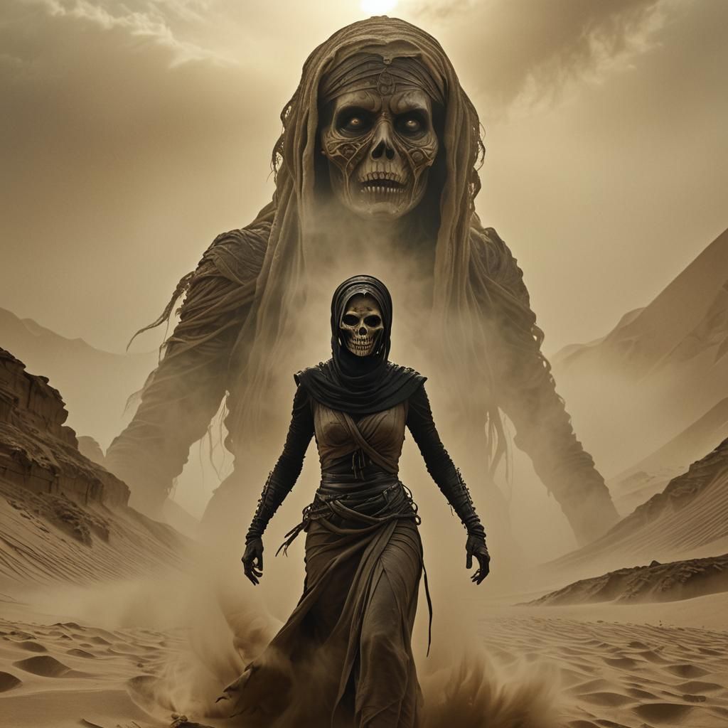 Anck-su-Namun Emerges from Sandstorm in Gothic Horror Style