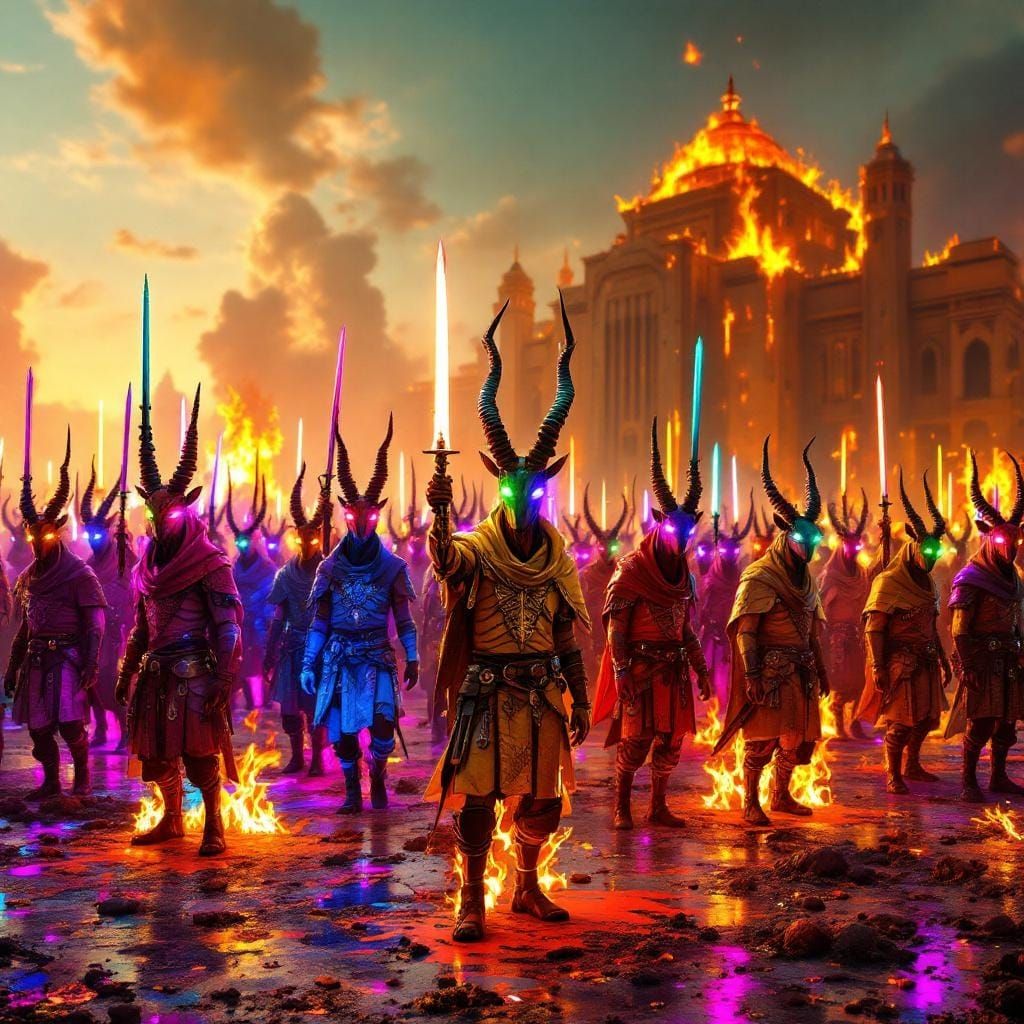 Psychedelic Antelope Warriors in a Burning Palace