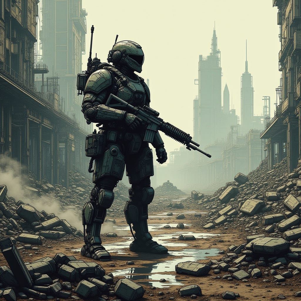 War-Torn Soldier Amidst Ruins in a Futuristic Landscape