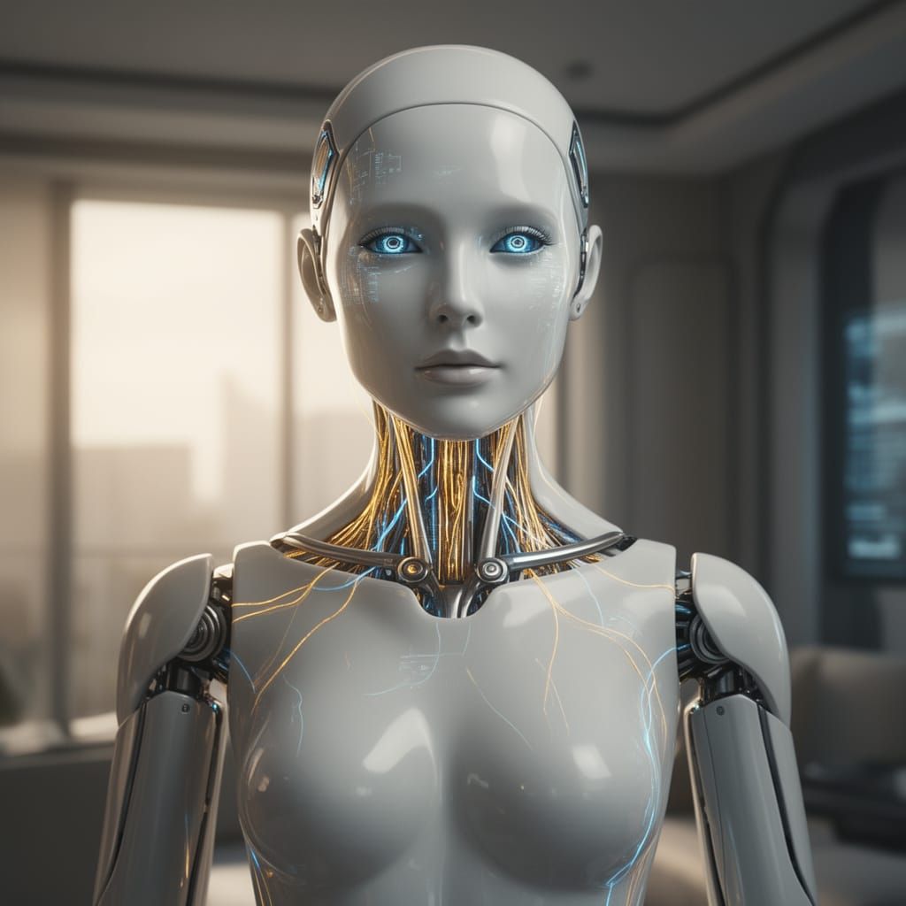 A hyper-realistic, 8K cinematic close-up of a next-generation "Physical AI" humanoid assistant in 2026. The android feat...