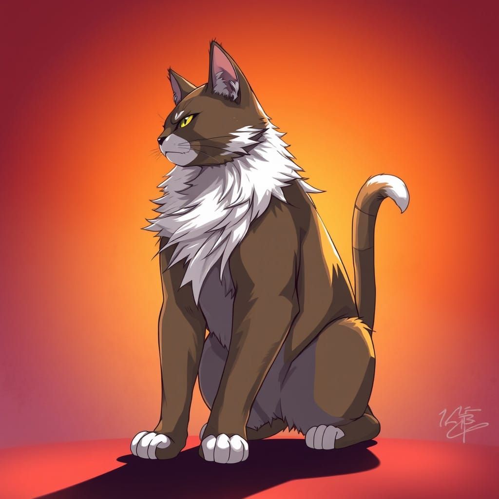Majestic Anthropomorphic Cat in Vibrant Anime-Inspired Flat...