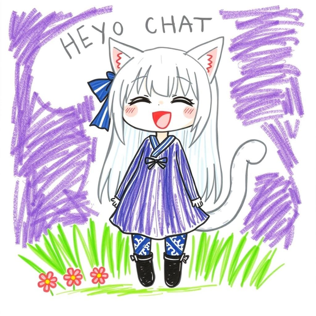Crayon Drawing of Cute Anime Catgirl