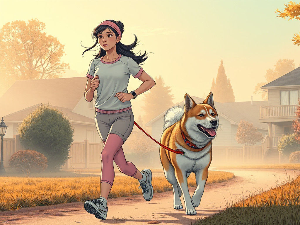 Woman Jogging with Akita in Manga Style