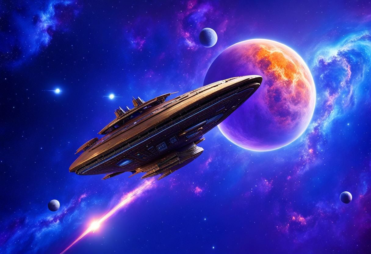 Bronze Spaceship Soaring Through the Galaxy