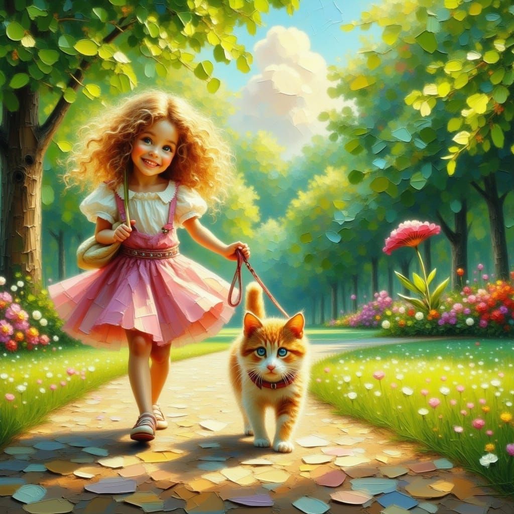 Cherubic Girl and Majestic Cat Stroll through Whimsical Park