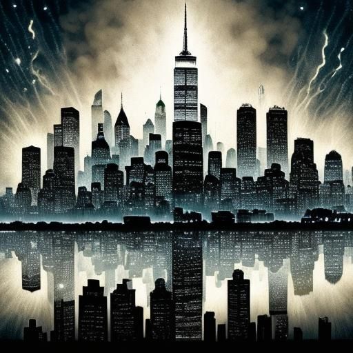 NYC Silhouette in Stippling Ink Splatter Art