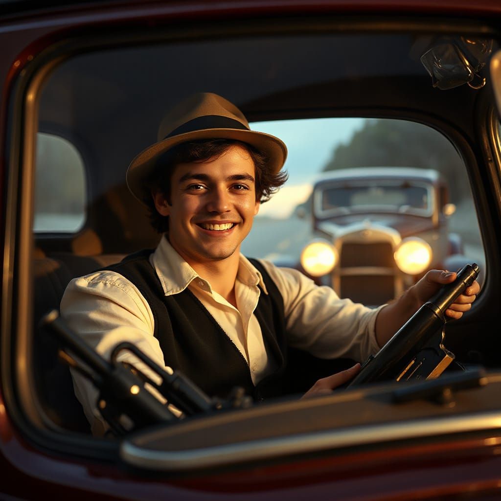 Irishman Drives Vintage Car in Sepia Tone