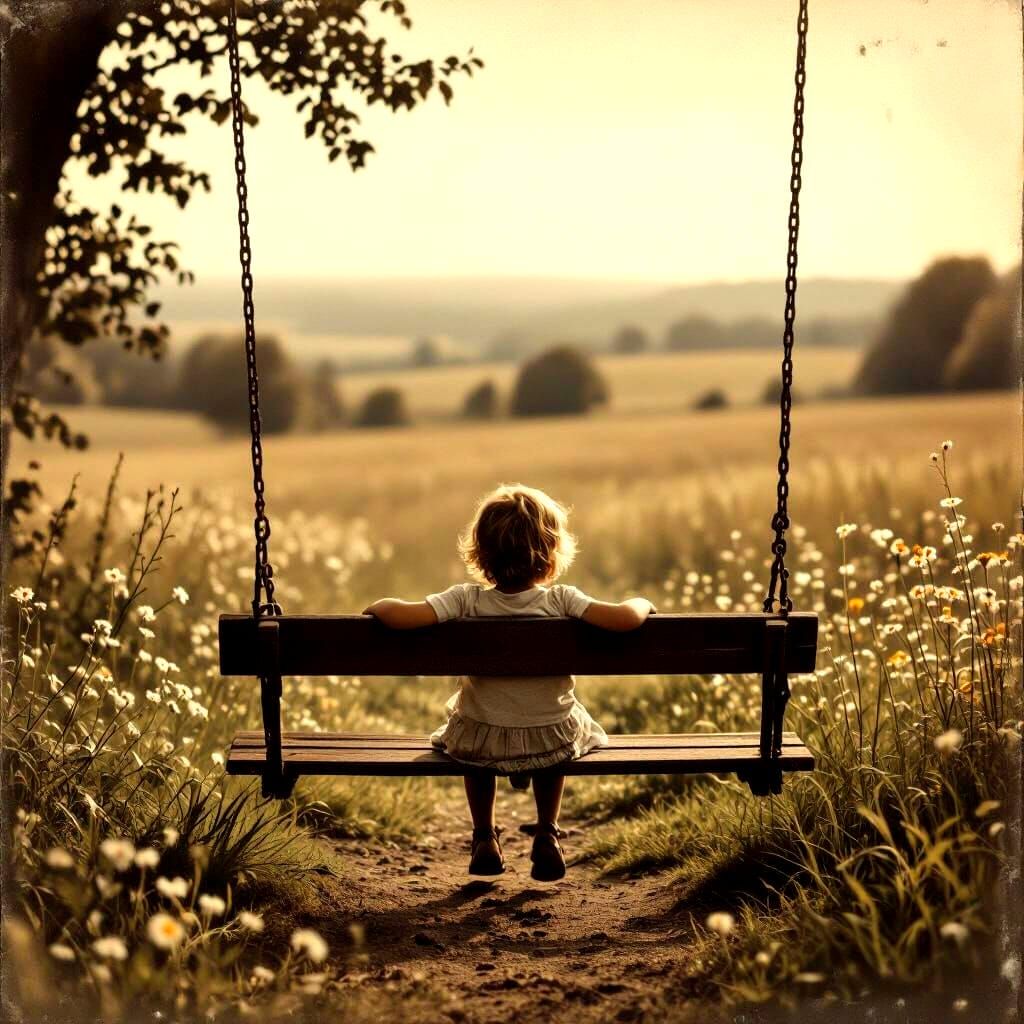 Child on Swing in Vast Field, Vintage Photo Aesthetic