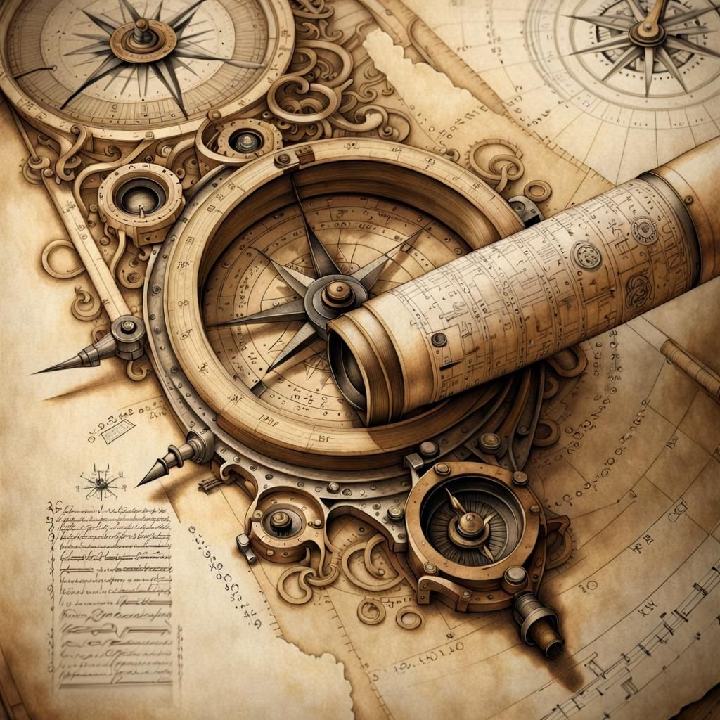 Renaissance Compass Blueprint on Parchment Scroll