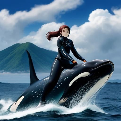 Woman Rides Killer Whale in Anime Style