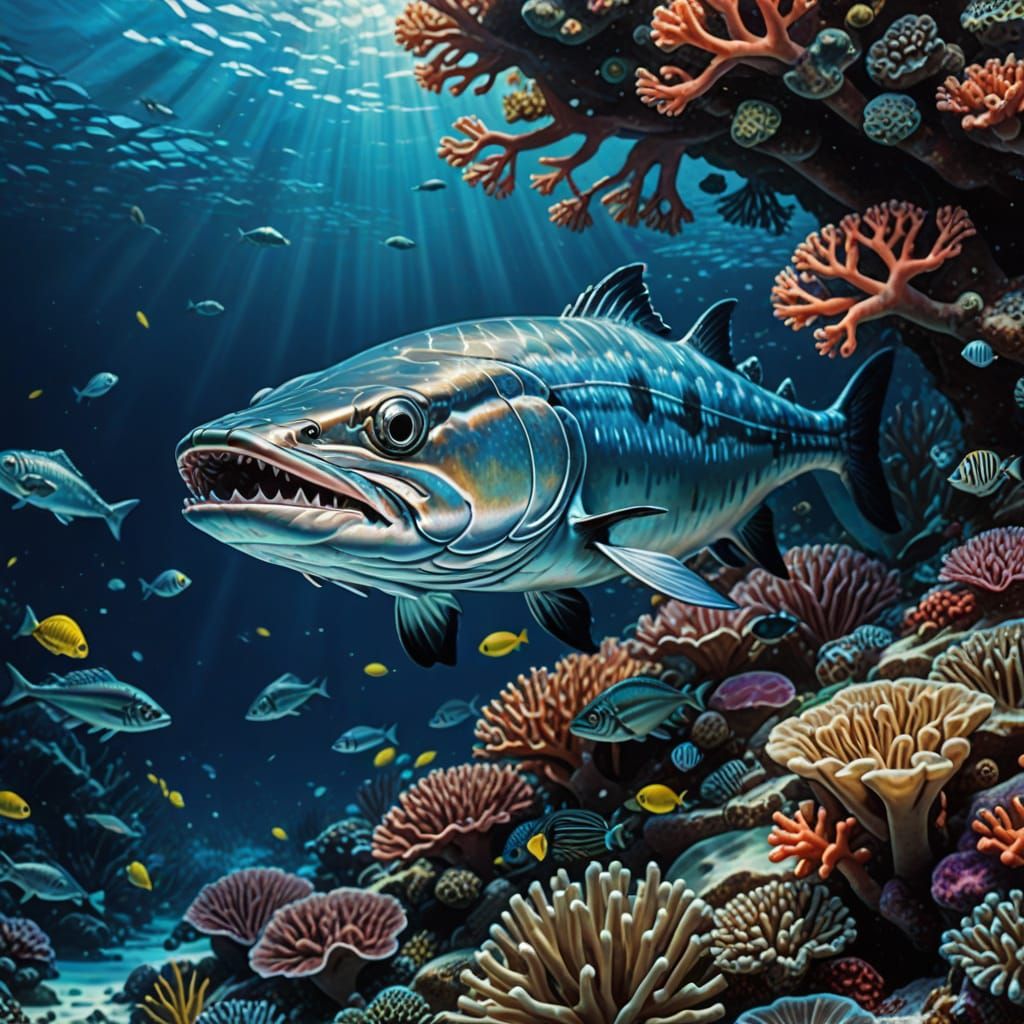 Surreal Barracuda Dives Through Coral Reef in Vibrant, Cinem...