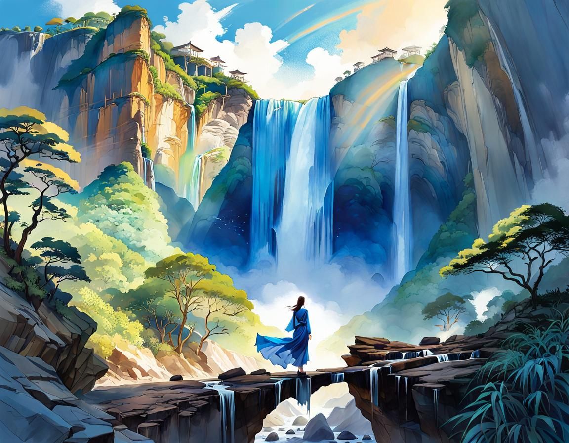 Woman and Waterfalls in Digital Watercolor Art