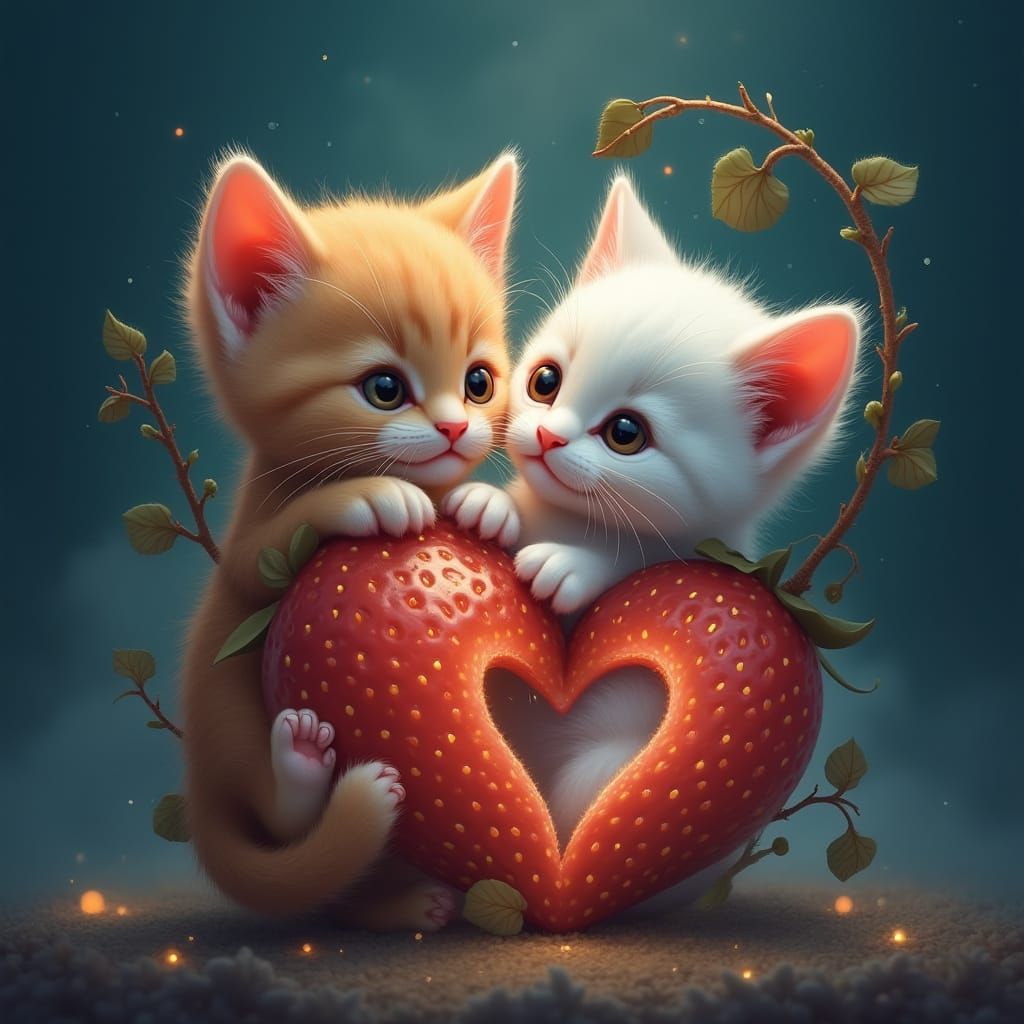 Whimsical Strawberry Pear Kittens in a Dreamy, Fantastical W...