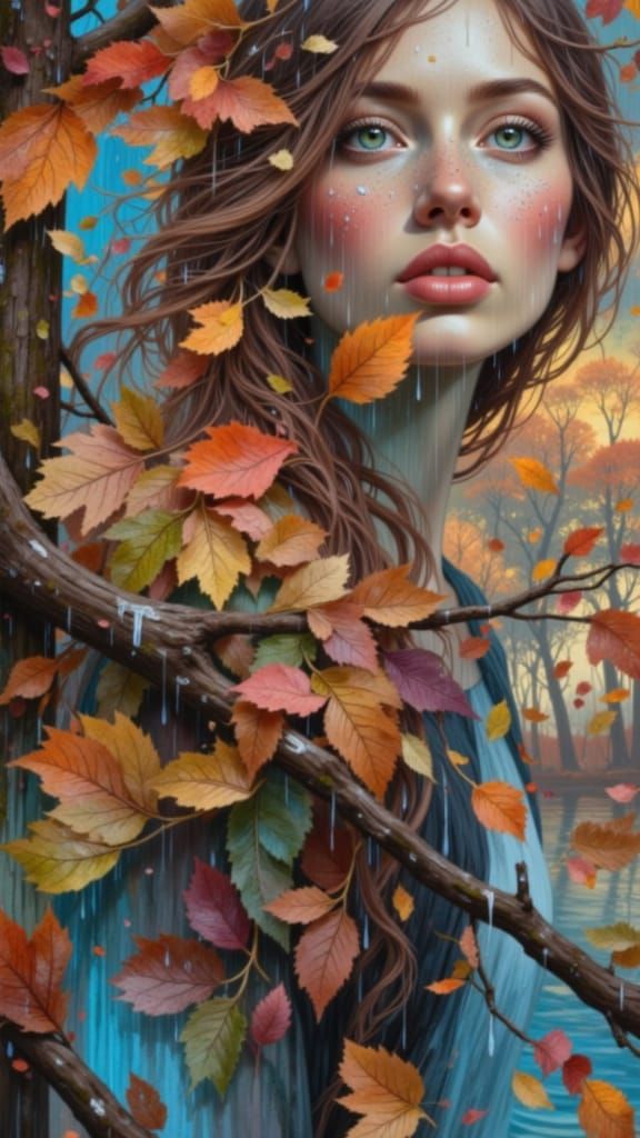 Autumn Lady's Face with Rain Drops in Blue Water