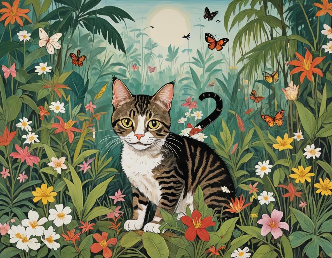 Cat in Jungle, Basquiat-Style Digital Art