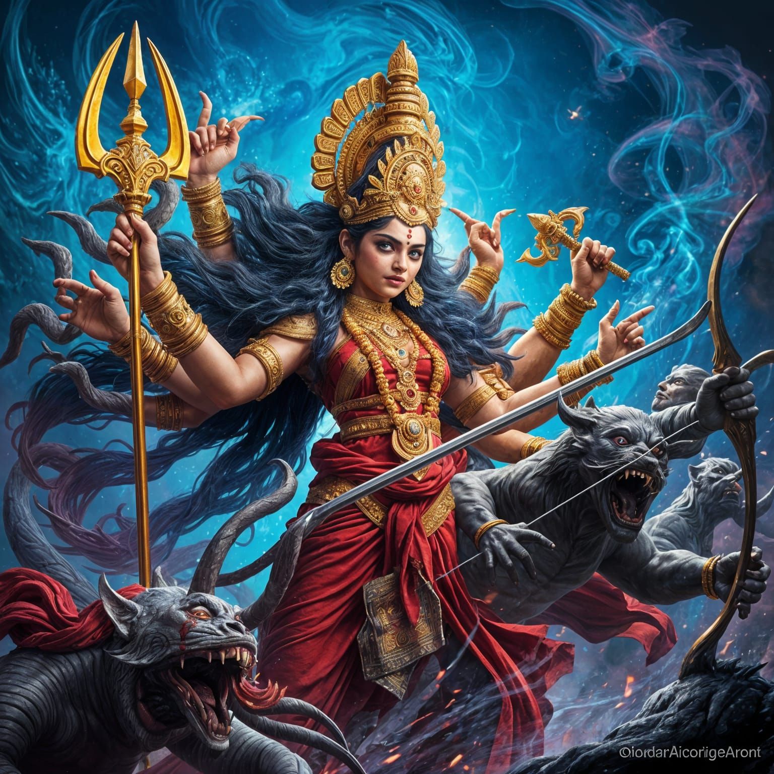 Goddess Durga Battles Asuras: Hyperrealistic Concept Art