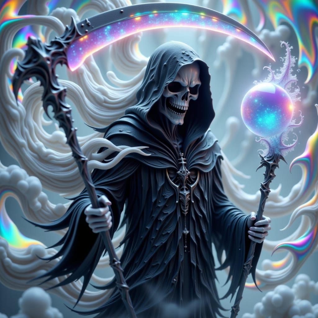 Cyberpunk Grim Reaper in Ethereal Holographic Glory