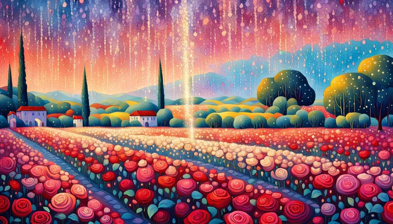 Sparkling Rose Field in Pointillist Style