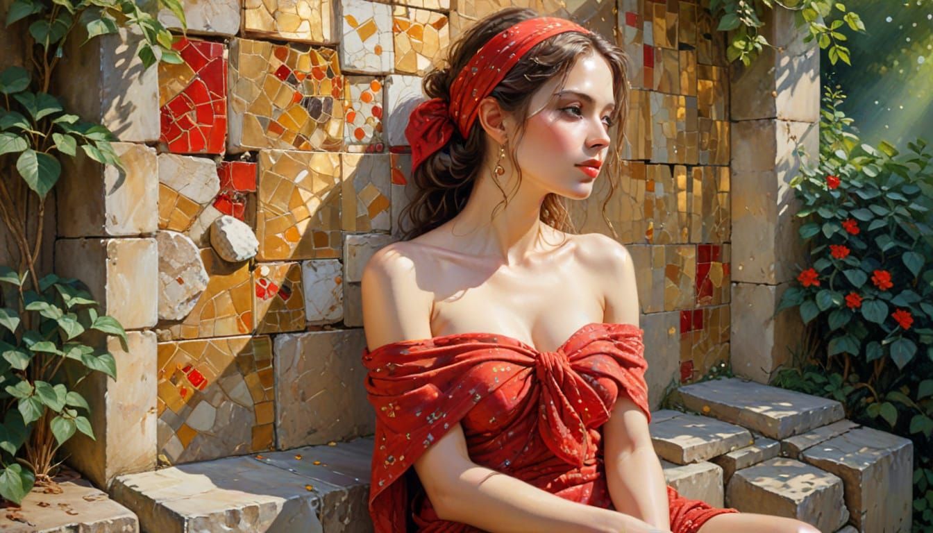 Gouache Painting of a Woman in Garden Setting